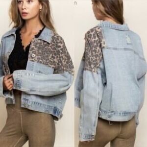 POL Denim Jacket with Leopard Accents Sz S